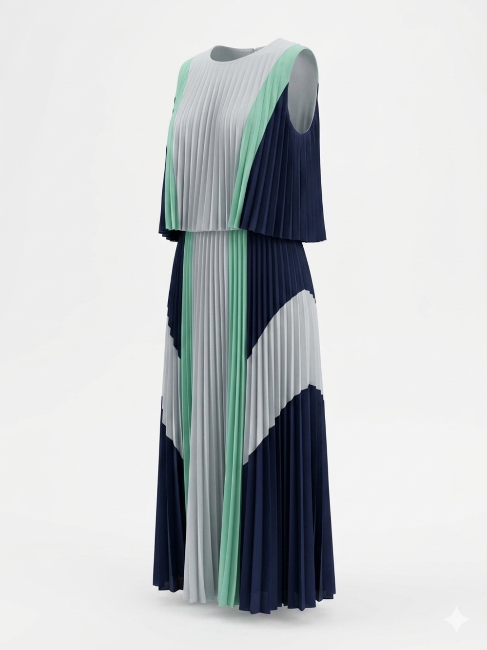 BCBGMAXAZRIA Colorblock Pleated Midi Dress Navy Mint White Size XXS